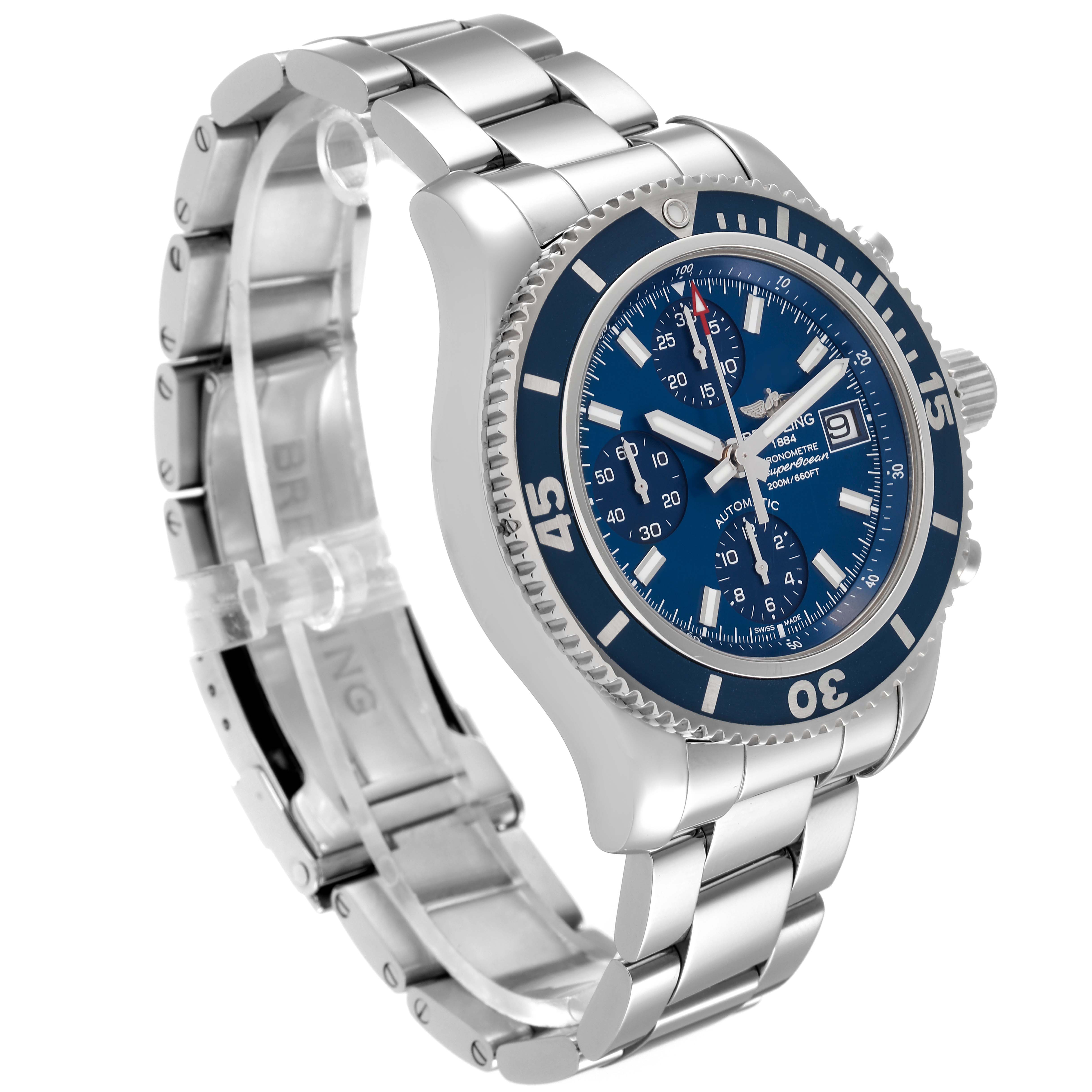 This image shows a side angle view of the Breitling Superocean A13311 Men's Stainless Steel Blue Dial A13311 Men's Stainless Steel Blue Dial watch, highlighting its blue dial, bezel, and stainless steel bracelet.