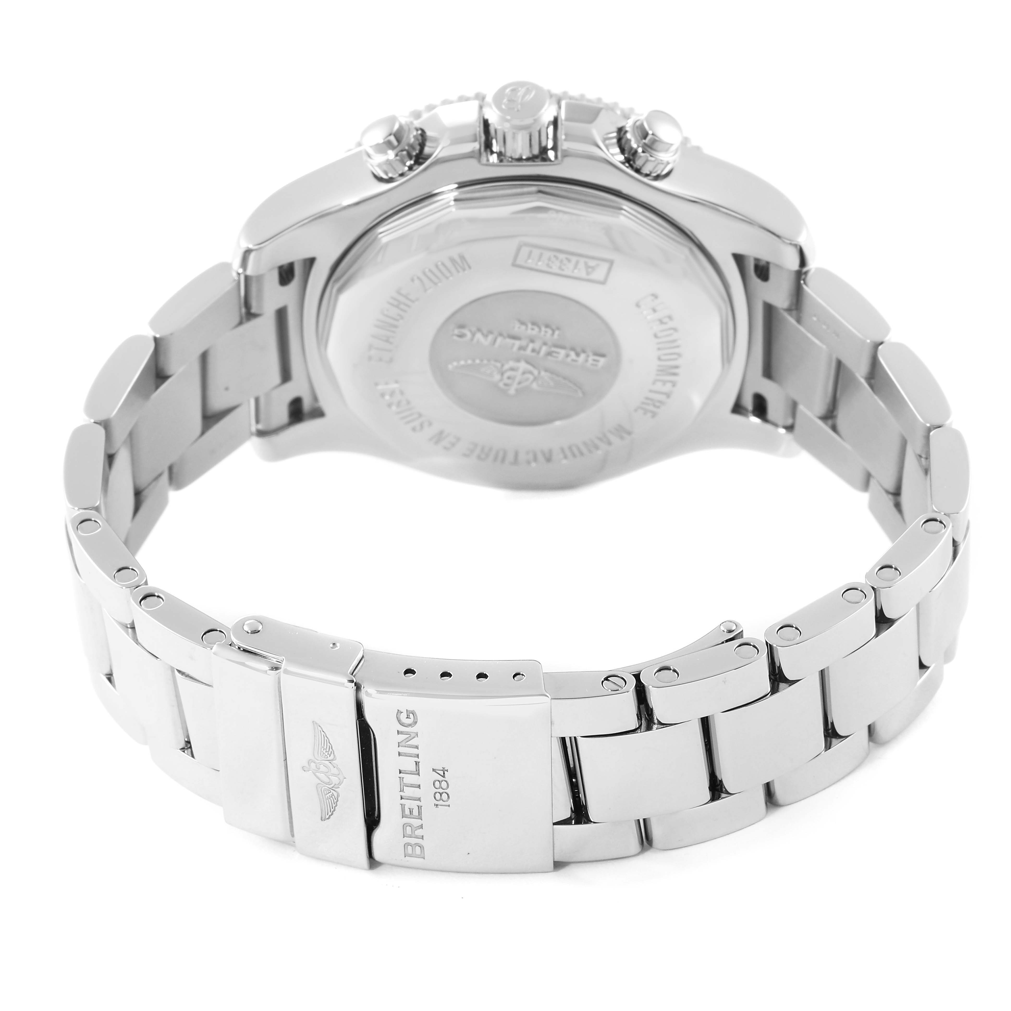 The image shows the back view of a Breitling Superocean A13311 Men's Stainless Steel Blue Dial A13311 Men's Stainless Steel Blue Dial watch, highlighting the stainless steel bracelet and clasp.