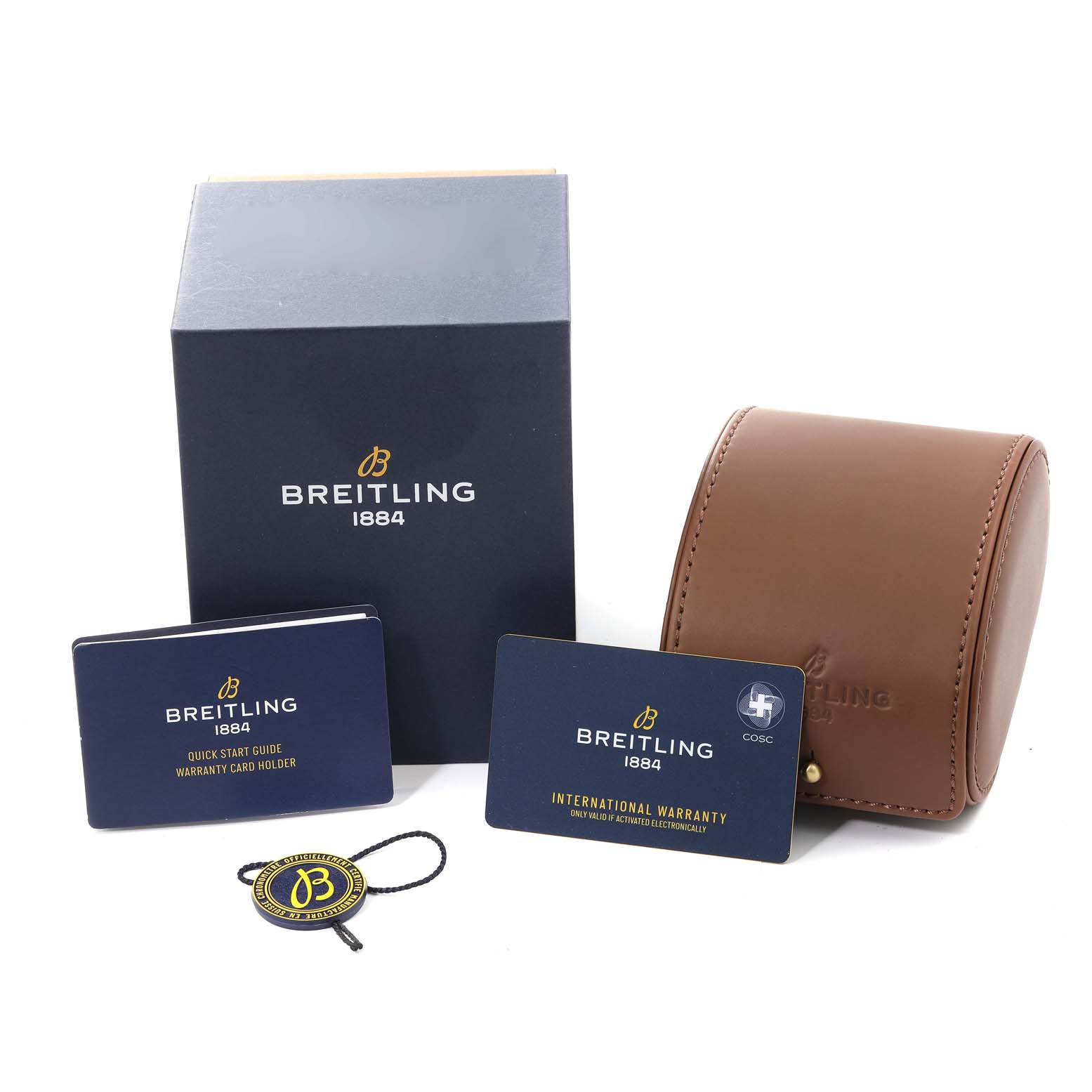 The image shows the packaging and accessories for a Breitling Superocean AB0162 Men's Stainless Steel Silver Dial AB0162 Men's Stainless Steel Silver Dial watch, including a box, warranty cards, and a travel case.