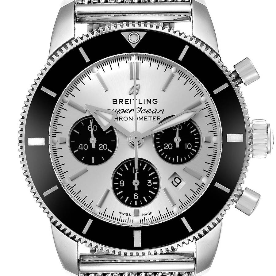 This image shows a close-up of the Breitling Superocean AB0162 Men's Stainless Steel Silver Dial AB0162 Men's Stainless Steel Silver Dial watch, highlighting its dial, bezel, chronograph subdials, and crown.