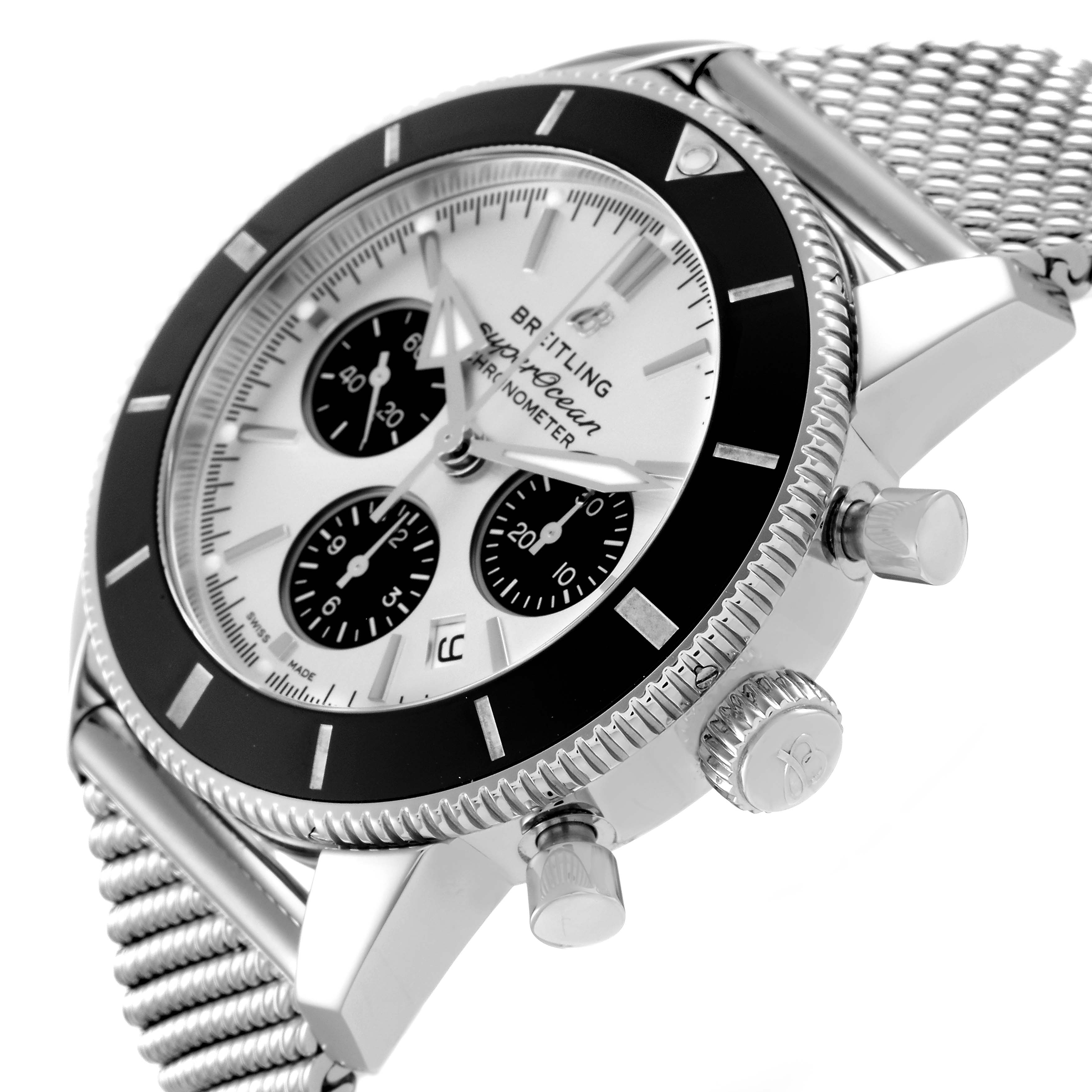 The Breitling Superocean AB0162 Men's Stainless Steel Silver Dial AB0162 Men's Stainless Steel Silver Dial watch is shown from a low-angle view, displaying the dial, bezel, crown, and part of the mesh bracelet.
