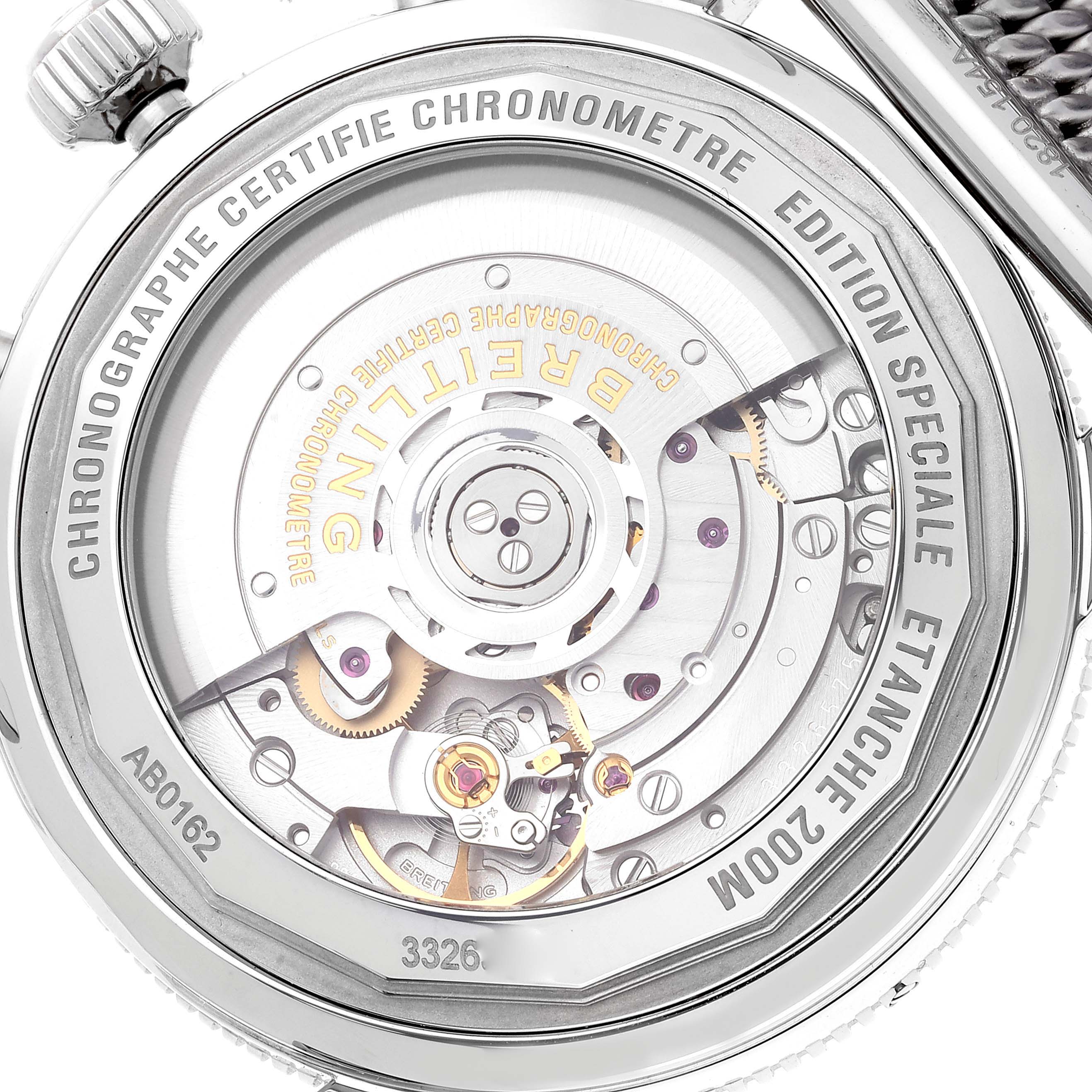 The image shows the back of a Breitling Superocean AB0162 Men's Stainless Steel Silver Dial AB0162 Men's Stainless Steel Silver Dial watch with visible internal mechanical components.