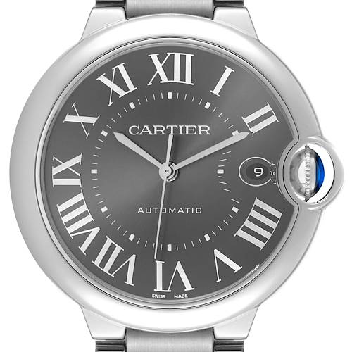 The image shows a Cartier Ballon Bleu WSBB0060 Men's Stainless Steel Grey Dial WSBB0060 Men's Stainless Steel Grey Dial watch from a front angle, highlighting the dial with Roman numerals and the crown at 3 o'clock.