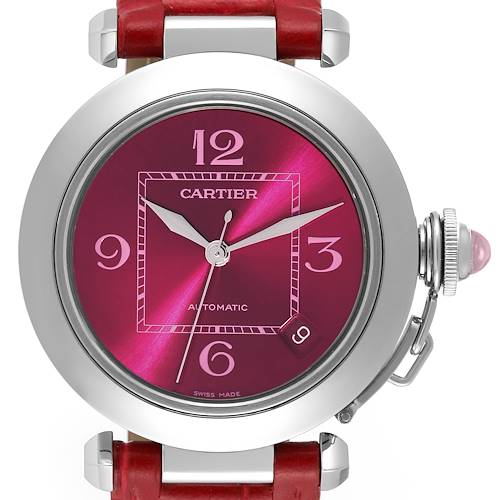 The image shows a frontal view of a Cartier Pasha W3108299 Women's Stainless Steel Pink Dial W3108299 Women's Stainless Steel Pink Dial watch with a red dial and red leather strap.