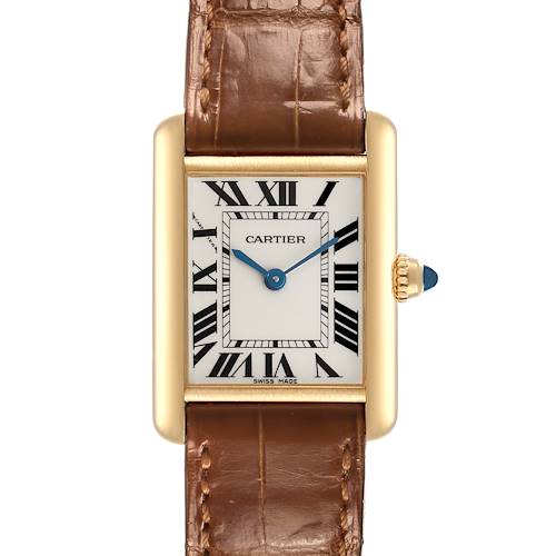 The Cartier Tank Louis W1529856 Women's Yellow Gold Silver Dial watch is shown from the front, highlighting the dial, case, crown, and leather strap.