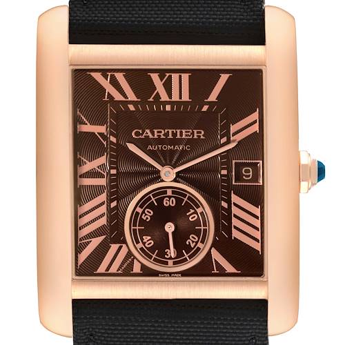 The image shows a frontal view of the Cartier Tank MC W5330002 Men's Rose Gold Brown Dial W5330002 Men's Rose Gold Brown Dial watch, highlighting its rectangular face, Roman numerals, and sub-dial.