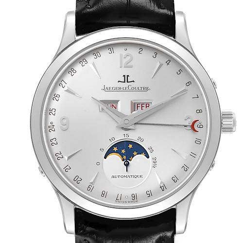 The Jaeger-LeCoultre Master model watch is shown from a front view, displaying its face with day, date, and moon phase features.
