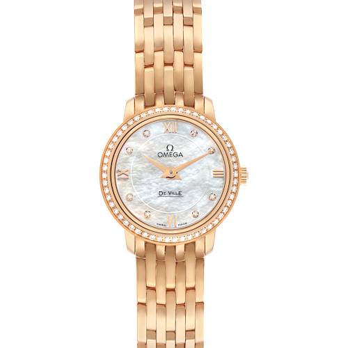 The Omega 424.55.24.60.55.002 Women's Rose Gold Mother of Pearl Dial DeVille Prestige MOP Diamond Ladies Watch is shown from a top view, highlighting the face, bezel, and bracelet.