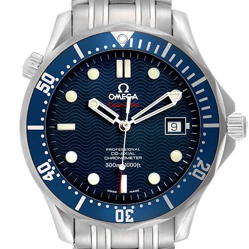 The Omega Seamaster 2220.80.00 Men's Stainless Steel Blue Dial watch is shown from the front, displaying its face, bezel, and part of the bracelet.
