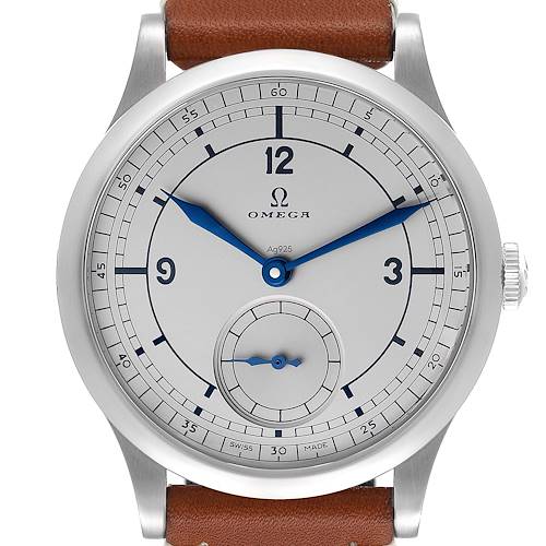 This image shows a frontal view of an Omega Museum 511.12.39.21.99.002 Men's Stainless Steel Grey Dial 511.12.39.21.99.002 Men's Stainless Steel Grey Dial model watch, highlighting its face, hands, bezel, crown, and leather strap.