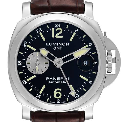 The image shows a front view of the Panerai Luminor PAM00088 Men's Stainless Steel Black Dial PAM00088 Men's Stainless Steel Black Dial GMT watch, highlighting its dial, hands, crown guard, and strap.