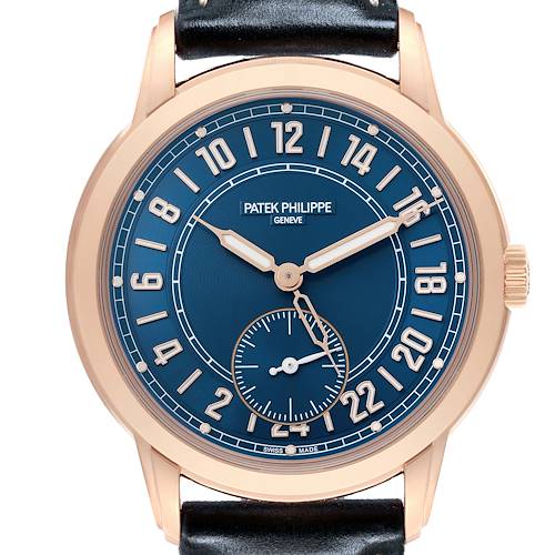 The image shows a front view of the Patek Philippe Calatrava 5224R-001 Men's Rose Gold Blue Dial watch, highlighting its blue dial, gold hands, and black leather strap.