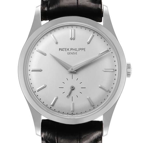 The image shows a frontal view of a Patek Philippe Calatrava 5196 Men's White Gold Silver Dial watch, displaying its dial, crown, and part of the strap.