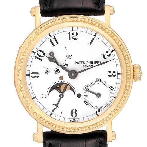 This image shows a frontal view of a Patek Philippe Calatrava 5015J-001 Men's Yellow Gold White Dial 5015J-001 Men's Yellow Gold White Dial watch, highlighting its dial, subdials, moonphase, and leather strap.