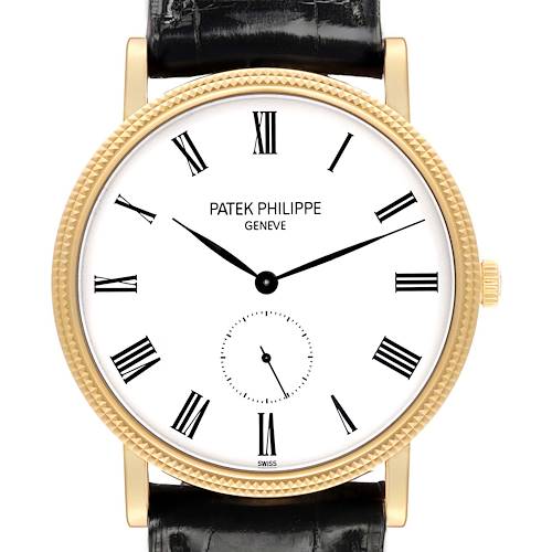 The Patek Philippe Calatrava 5119 Men's Yellow Gold White Dial watch is shown from the front, displaying its face, bezel, crown, and part of the strap.