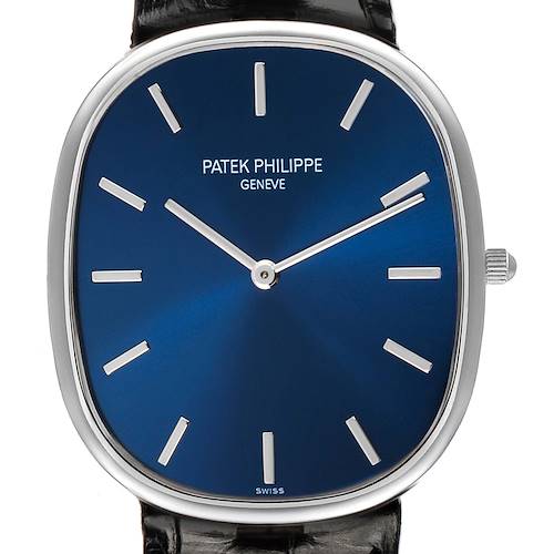 The Patek Philippe Golden Ellipse 5738P-001 Men's Platinum Blue Dial watch is shown from a front angle, highlighting the blue dial and silver hour markers.