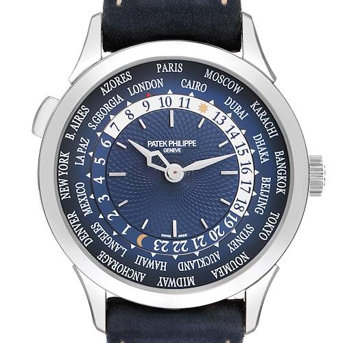 The Patek Philippe Complications 5230P-001 Men's Platinum Blue Dial model is shown from a front angle, displaying the dial, world city names, and hands.