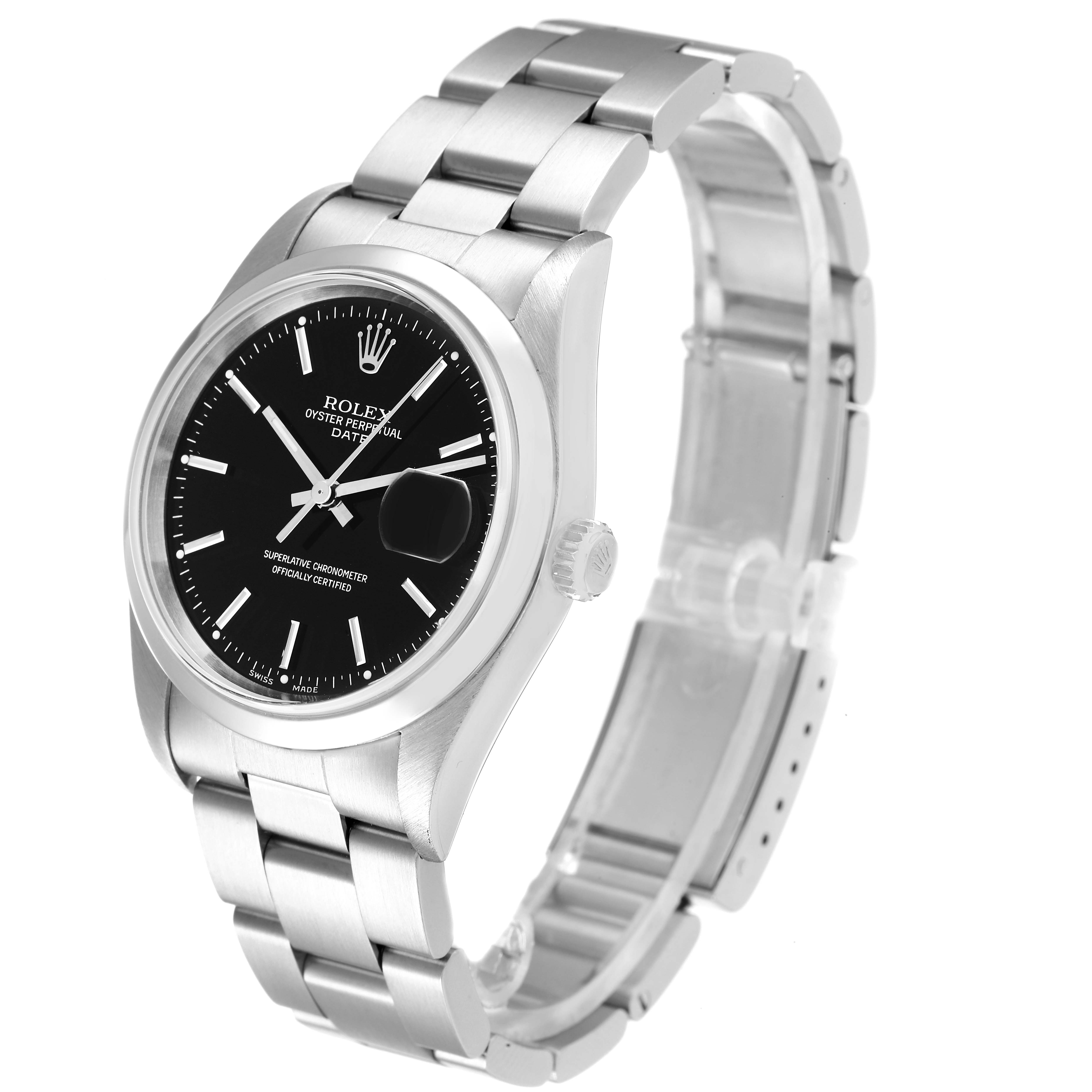 The Rolex Date 15200 Men's Stainless Steel Black Dial 15200 Men's Stainless Steel Black Dial model watch is shown at a slight angle, highlighting the black dial, bracelet, crown, and clasp.