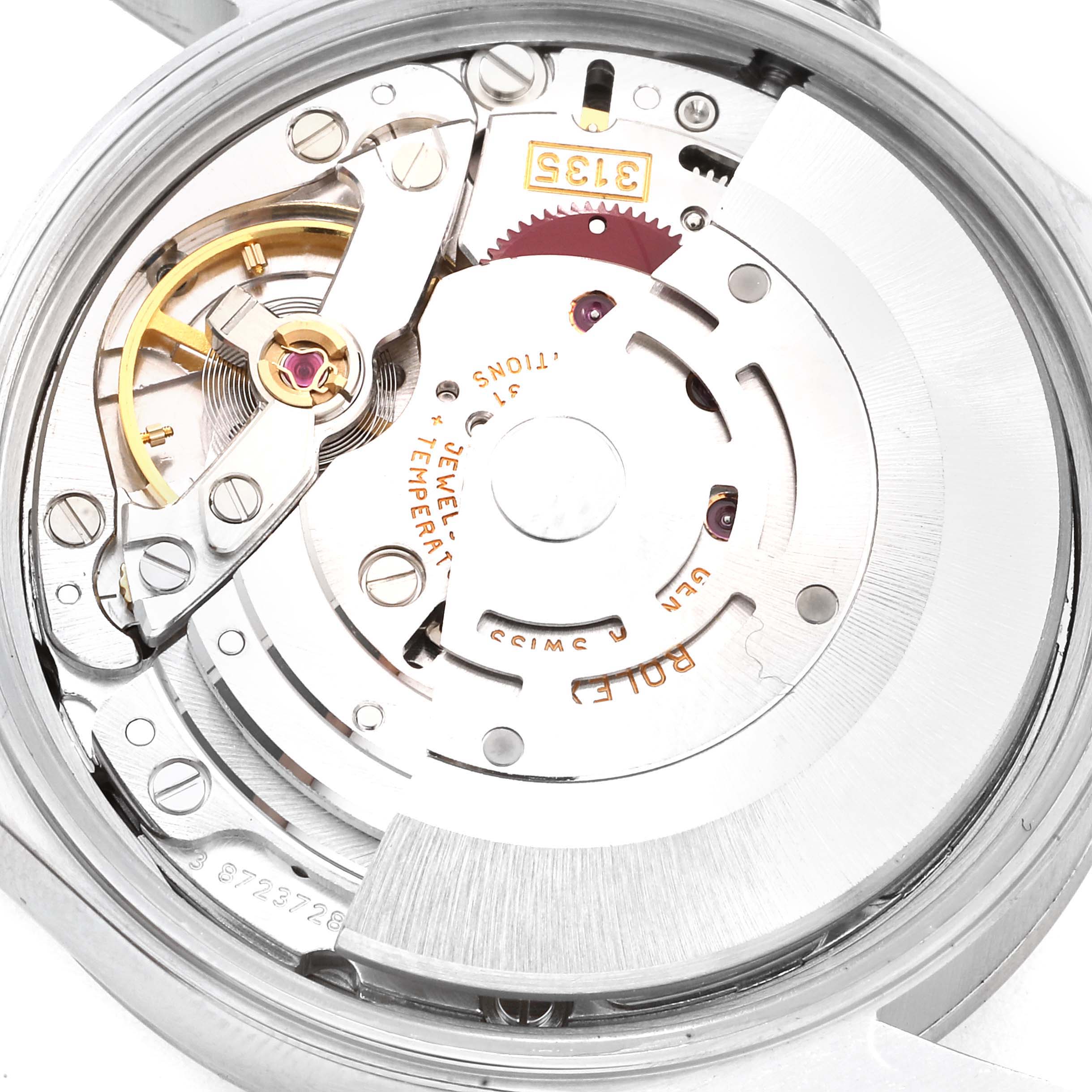 This image shows the internal mechanism and movement components of a Rolex Date 15200 Men's Stainless Steel Black Dial 15200 Men's Stainless Steel Black Dial model watch from a rear angle.