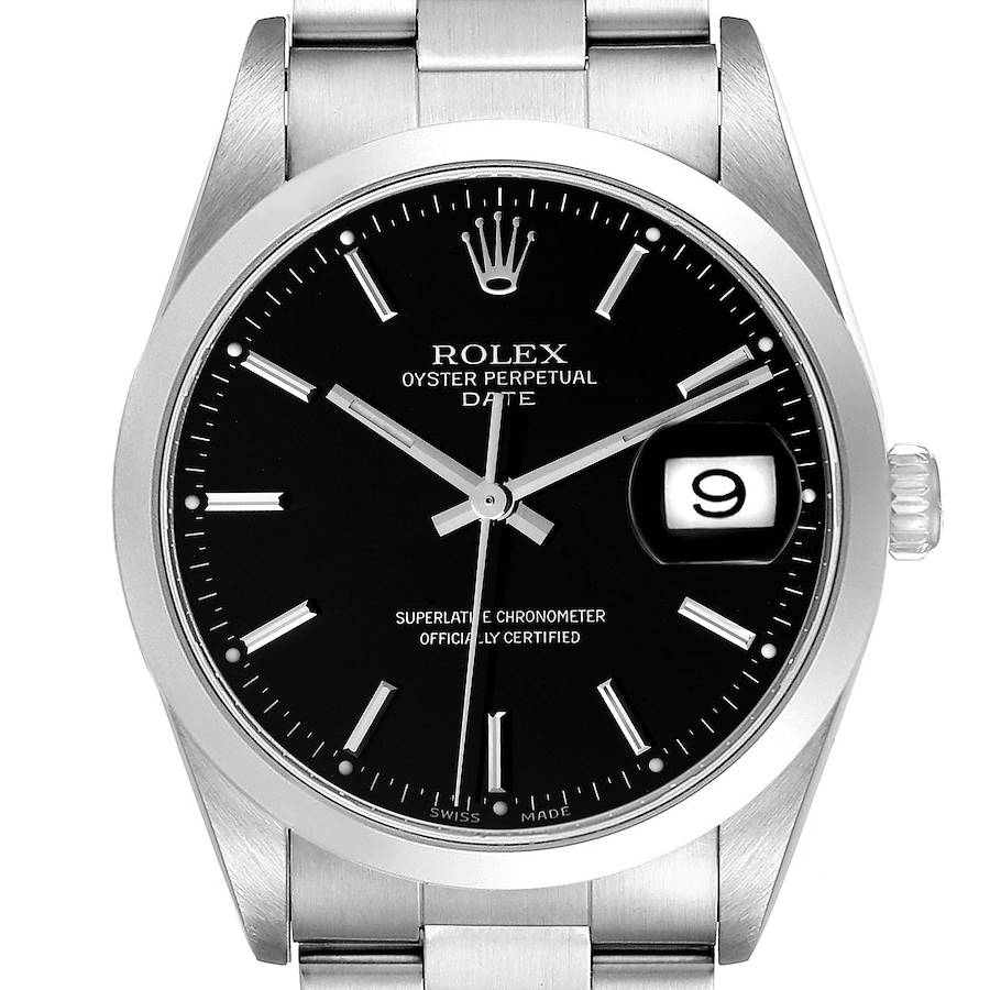 This image shows a front view of the Rolex Date 15200 Men's Stainless Steel Black Dial 15200 Men's Stainless Steel Black Dial model watch, including the dial, hands, date window, and part of the bracelet.