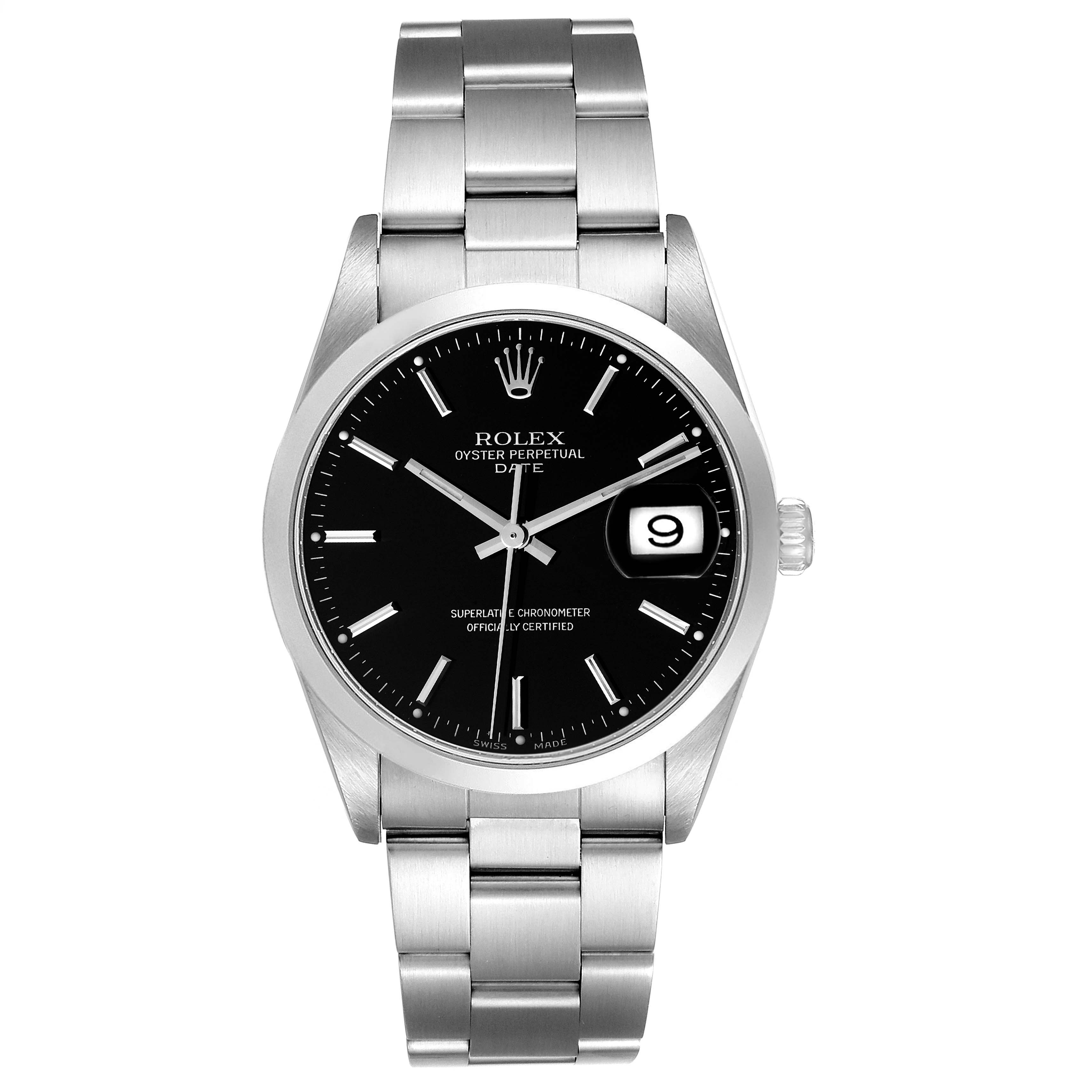 This is a front view of a Rolex Date 15200 Men's Stainless Steel Black Dial 15200 Men's Stainless Steel Black Dial model watch, showing the dial, case, bracelet, and date window.