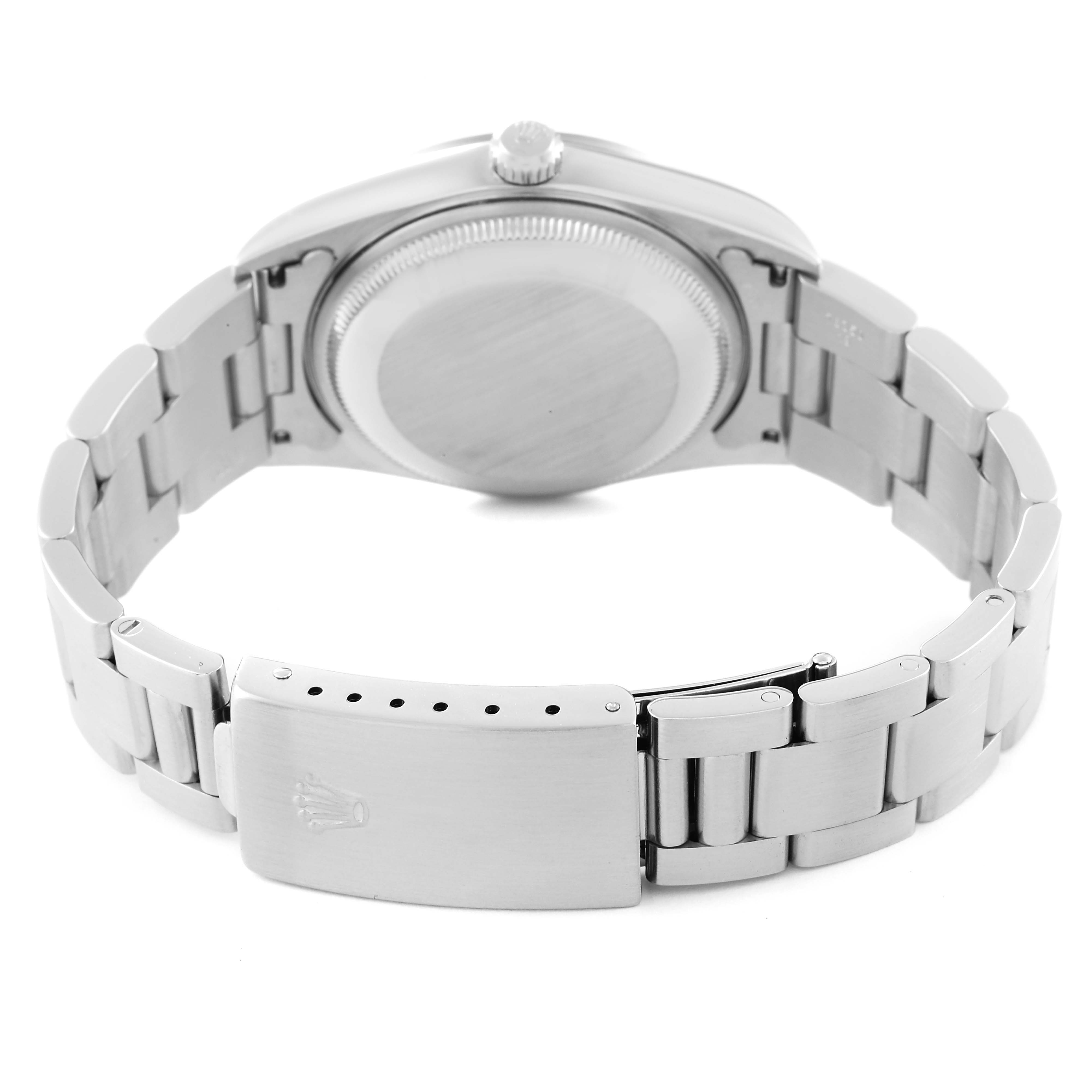 This image shows the back view of a Rolex Date 15200 Men's Stainless Steel Black Dial 15200 Men's Stainless Steel Black Dial model watch, focusing on the case back and bracelet clasp.