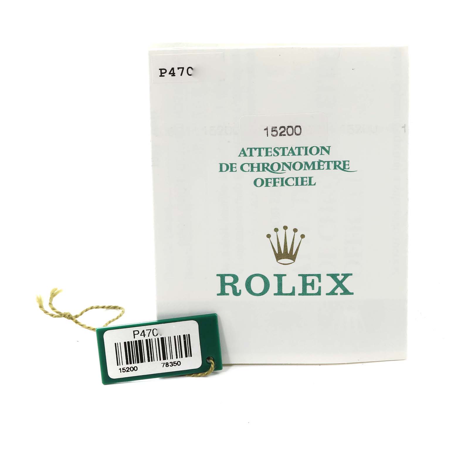 The image shows the certification booklet and a tag for a Rolex Date 15200 Men's Stainless Steel Black Dial 15200 Men's Stainless Steel Black Dial model.
