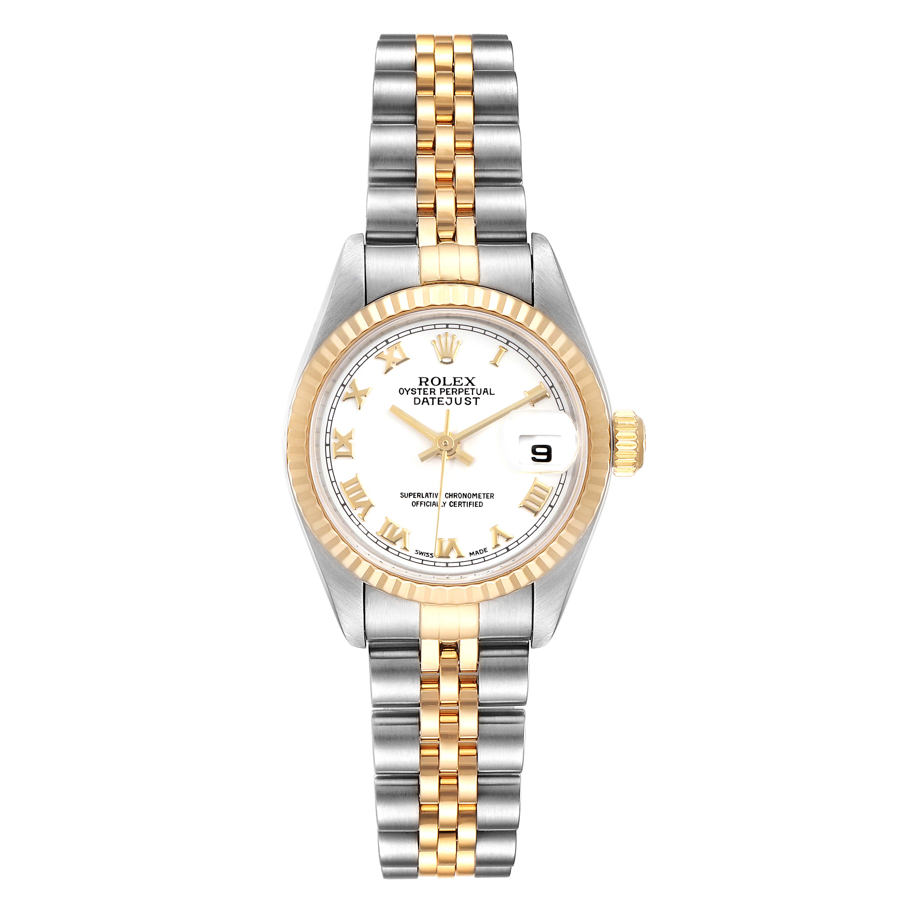 The image shows a front view of a Rolex Datejust 79173 Women's Steel and Gold (two tone) White Dial 79173 Women's Steel and Gold (two tone) White Dial watch with a two-tone bracelet and a white dial.