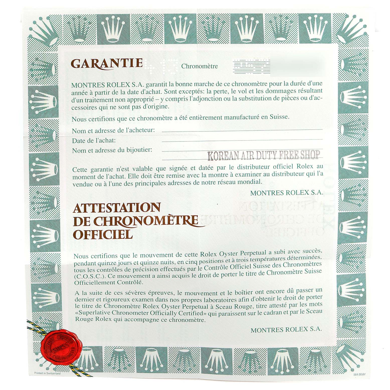 This is a Rolex guarantee and chronometer certificate for the Datejust model, showing warranty details and official validation.