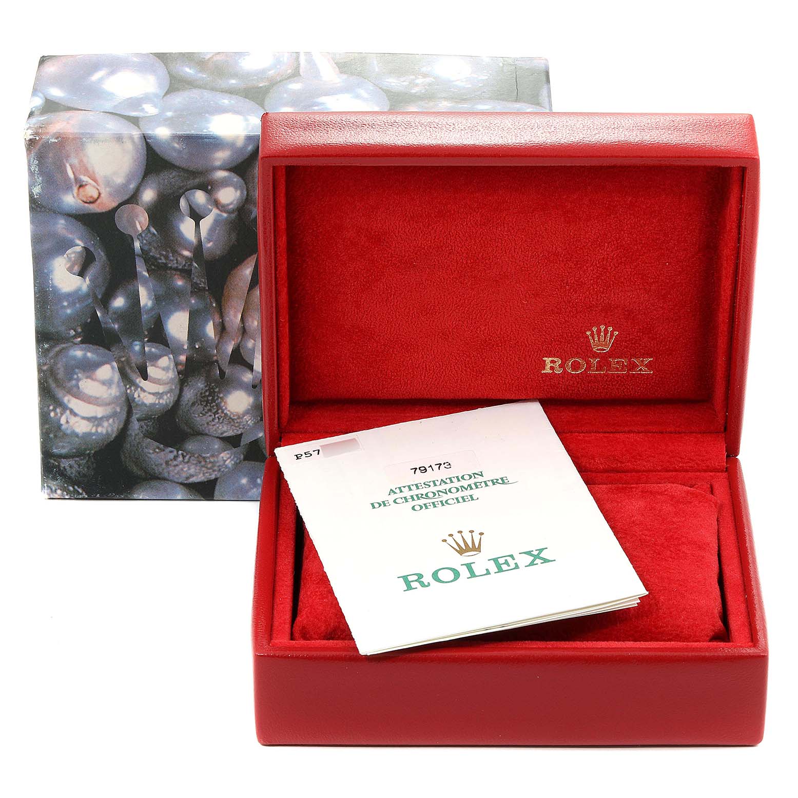 The image shows a Rolex Datejust 79173 Women's Steel and Gold (two tone) White Dial 79173 Women's Steel and Gold (two tone) White Dial watch box, including its case and official documentation.