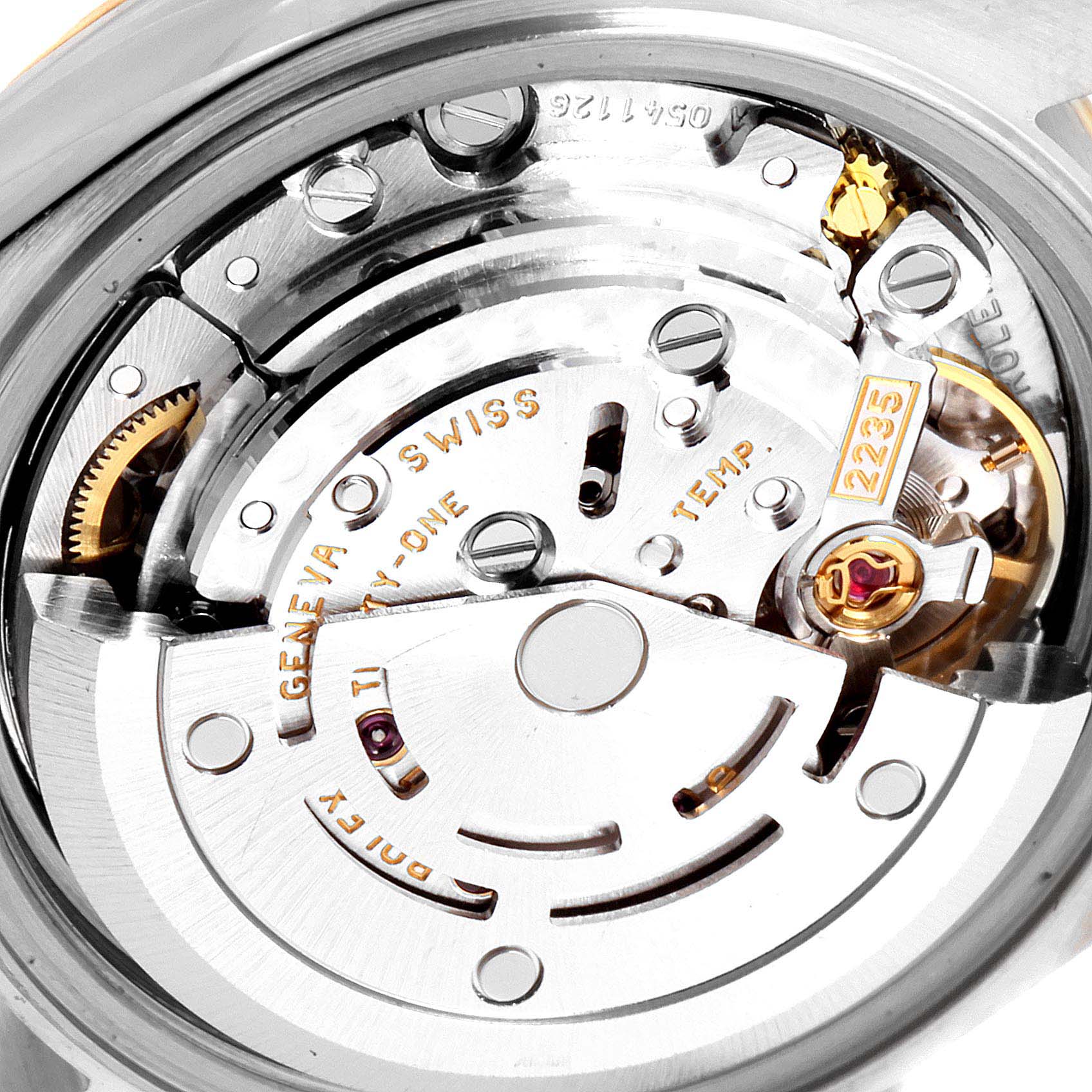 The image shows a close-up of the movement mechanism of a Rolex Datejust 79173 Women's Steel and Gold (two tone) White Dial 79173 Women's Steel and Gold (two tone) White Dial watch.