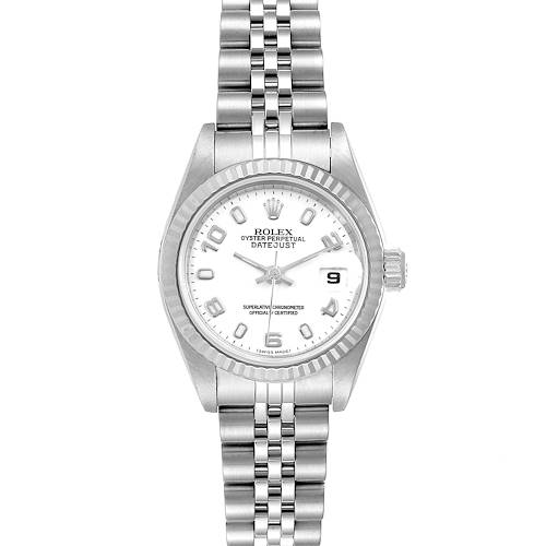 The image shows a front view of a Rolex Datejust 79174 Women's Stainless Steel White Dial 79174 Women's Stainless Steel White Dial watch, displaying the bracelet, bezel, dial, hands, and date window.