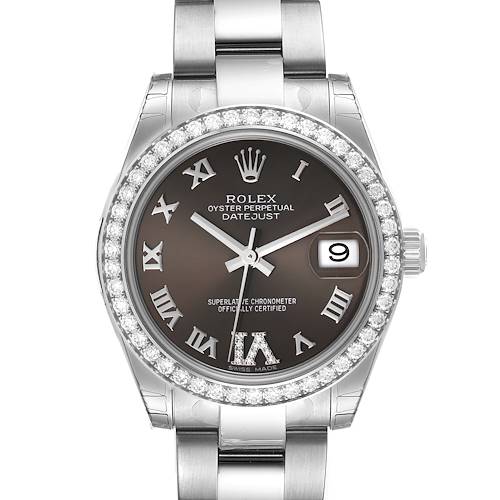 This image shows a front view of the Rolex Oyster Perpetual Datejust Mid-Size watch, highlighting its dial, bezel, and stainless steel bracelet.
