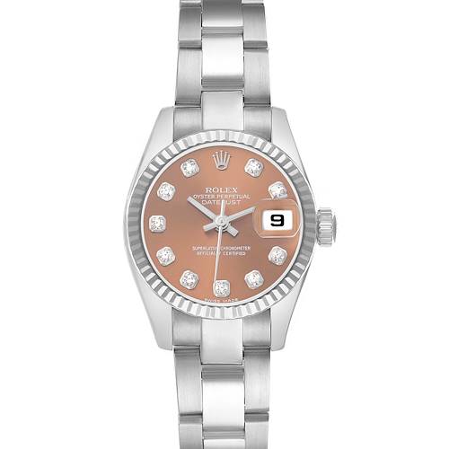 The Rolex President 179179 Women's White Gold Orange Dial watch is shown from a top-down angle, highlighting its dial, bezel, bracelet, and date display.