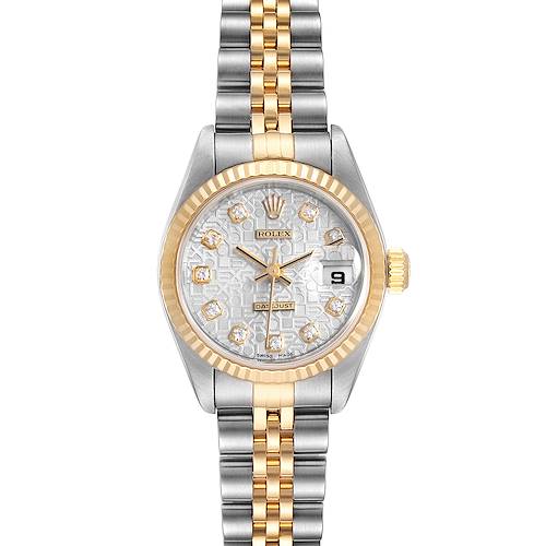 The image shows a front view of a Rolex Datejust 79173 Women's Stainless Steel Silver Dial 79173 Women's Stainless Steel Silver Dial watch, highlighting its silver and gold bracelet, dial, and date window.
