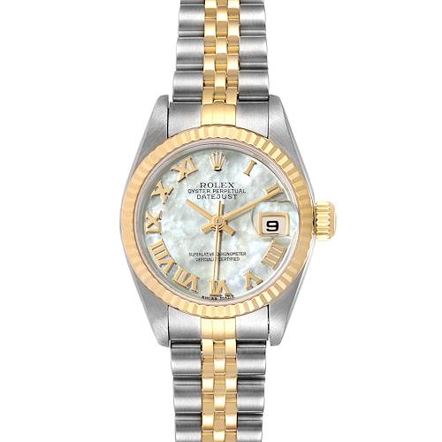 This image shows the front view of a Rolex Datejust 79173 Women's Steel and Gold (two tone) Mother of Pearl Dial 79173 Women's Steel and Gold (two tone) Mother of Pearl Dial watch featuring a two-tone bracelet, fluted bezel, and date display.