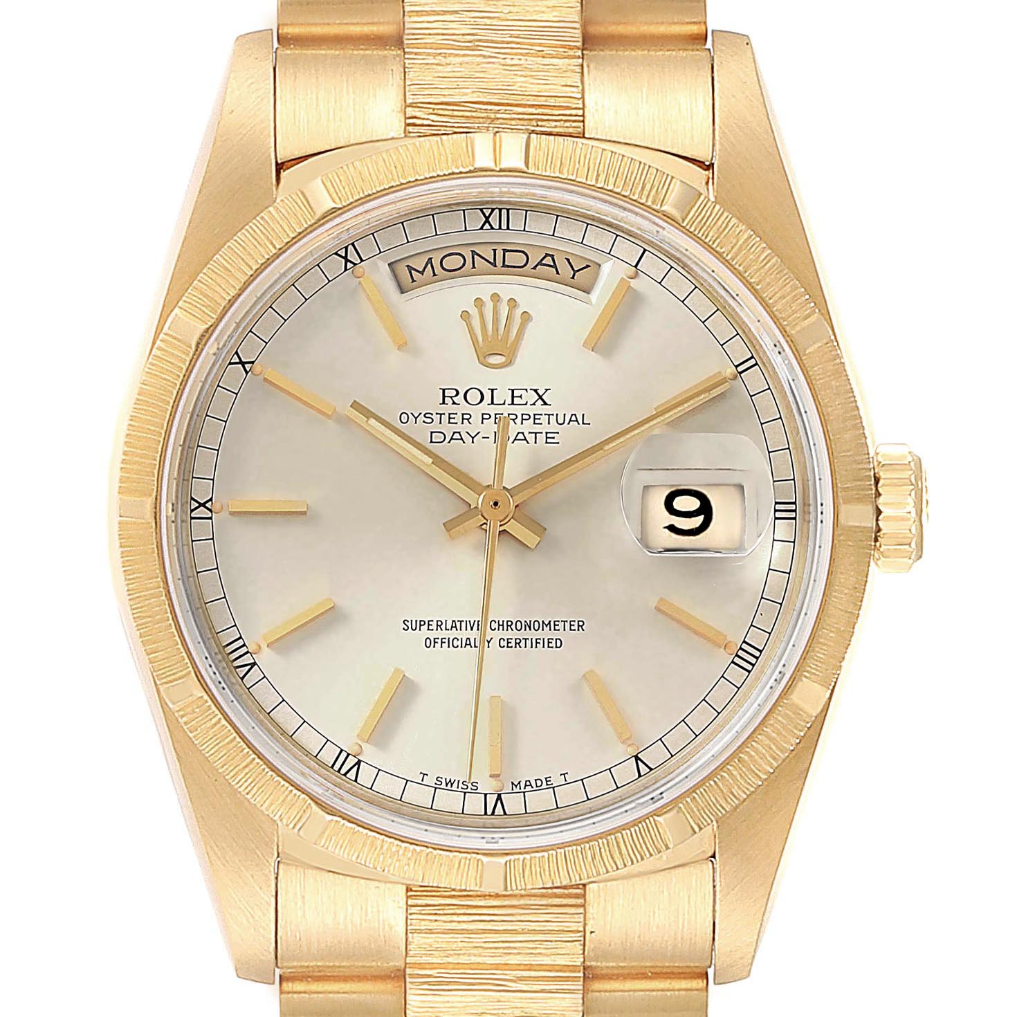 This image shows a front view of a Rolex President 18248 Men's Yellow Gold Silver Dial 18248 Men's Yellow Gold Silver Dial Oyster Perpetual Day-Date watch, highlighting the dial, day, date, and bezel.