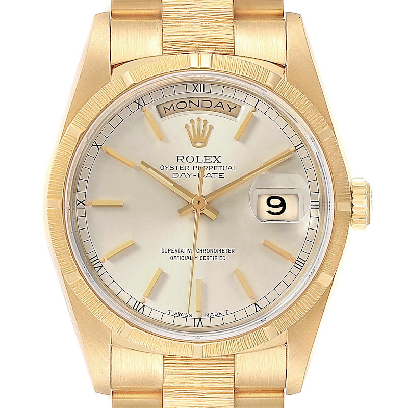 This image shows a front view of a Rolex President 18248 Men's Yellow Gold Silver Dial 18248 Men's Yellow Gold Silver Dial Oyster Perpetual Day-Date watch, highlighting the dial, day, date, and bezel.