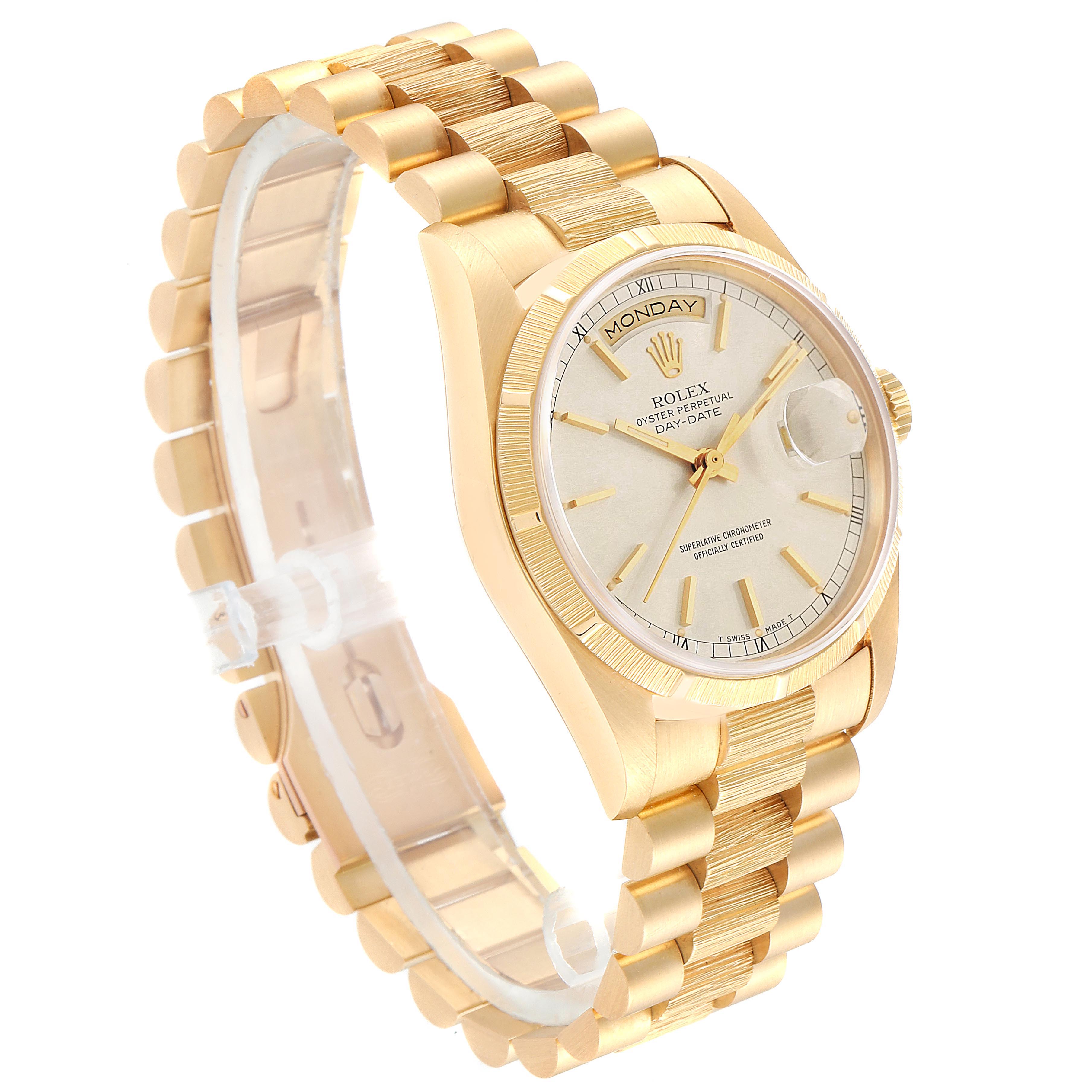 The image shows a side and front view of the Rolex President 18248 Men's Yellow Gold Silver Dial 18248 Men's Yellow Gold Silver Dial model watch, including its face, case, bezel, and bracelet.