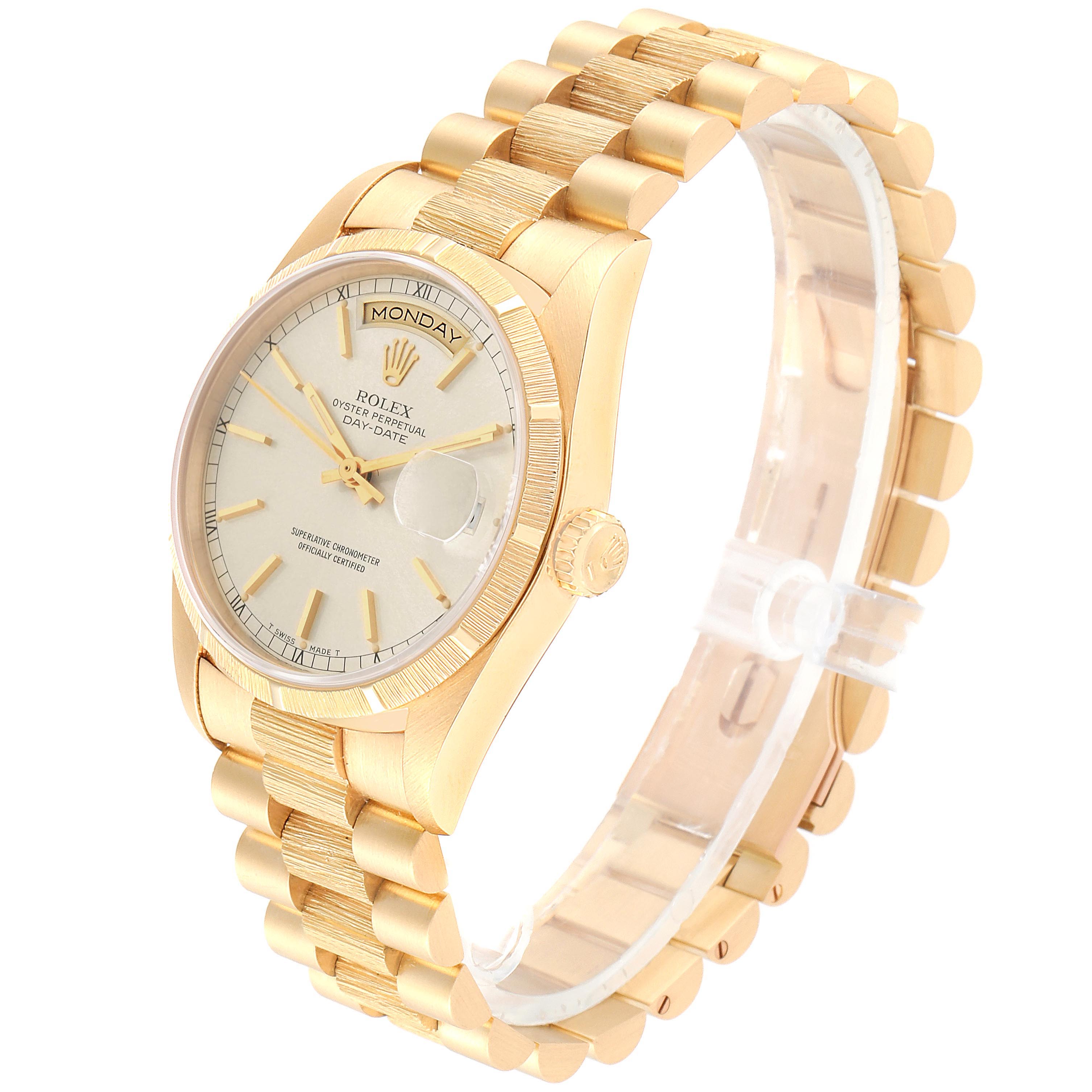 The image shows a side-angled view of a Rolex President 18248 Men's Yellow Gold Silver Dial 18248 Men's Yellow Gold Silver Dial model watch, highlighting the face, bezel, bracelet, and crown.