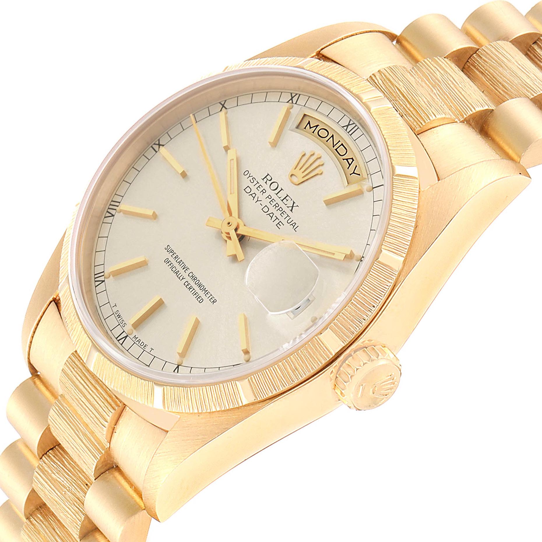 The Rolex President 18248 Men's Yellow Gold Silver Dial 18248 Men's Yellow Gold Silver Dial model watch is shown at a slight angle, displaying the dial, bezel, crown, and part of the bracelet.