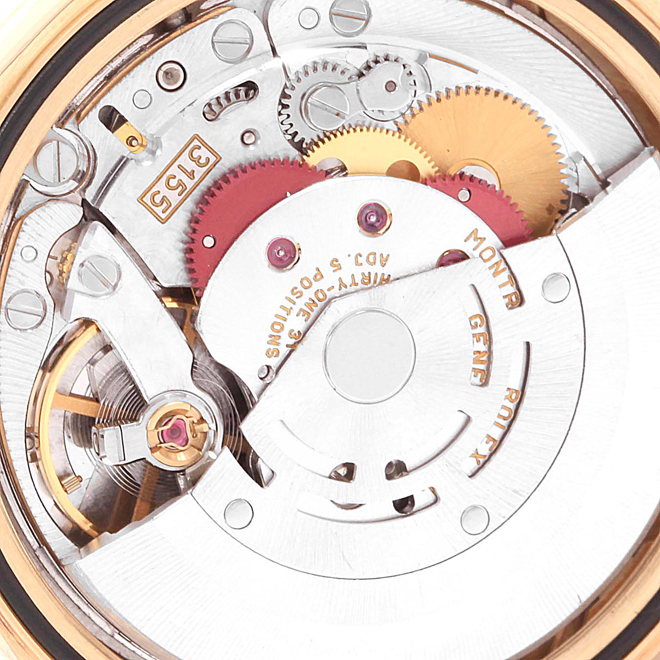 The image shows an angled close-up of the internal movement components of a Rolex President 18248 Men's Yellow Gold Silver Dial 18248 Men's Yellow Gold Silver Dial model watch.