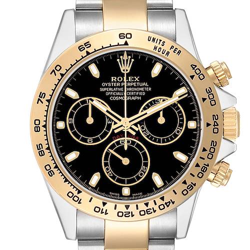 The Rolex Daytona 116503 Men's Steel and Gold (two tone) Black Dial watch is shown from the front, highlighting its dial, bezel, and pushers.