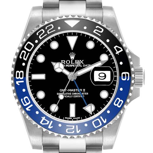 The Rolex GMT-Master 116710 Men's Stainless Steel Black Dial watch is shown from a front angle, displaying the dial, bezel, hands, and crown clearly.