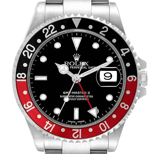 This image shows a front view of the Rolex GMT-Master 16710 Men's Stainless Steel Black Dial 16710 Men's Stainless Steel Black Dial II watch, highlighting its dial, bezel, and part of the bracelet.
