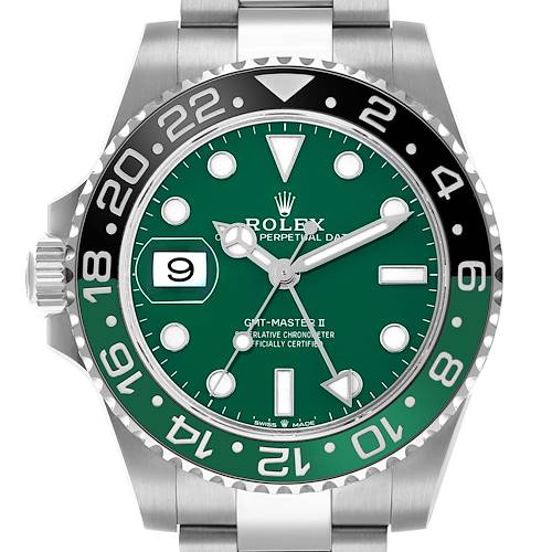 The Rolex GMT-Master 126729VTNR Men's White Gold Green Dial watch is shown from a front angle, highlighting the dial, bezel, and part of the bracelet.