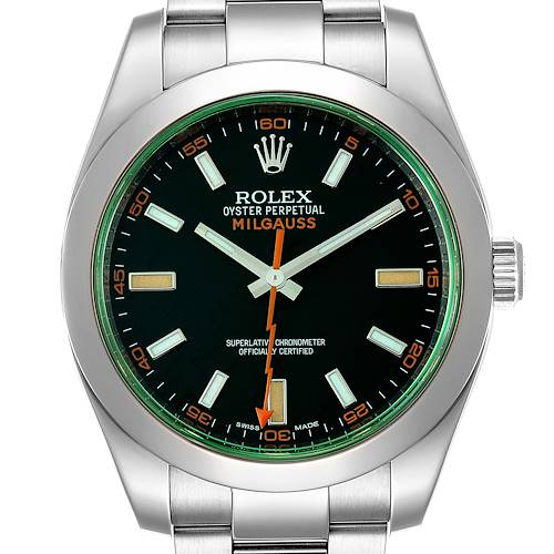 The image shows a front view of a Rolex Milgauss 116400V Men's Stainless Steel Black Dial 116400V Men's Stainless Steel Black Dial watch, highlighting the dial, hands, bezel, and a portion of the bracelet.