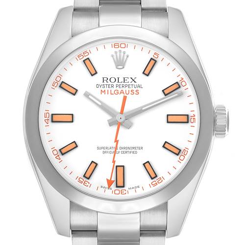 The Rolex Milgauss 116400 Men's Stainless Steel White Dial watch is shown from the front, displaying the face, indices, hands, and part of the bracelet.