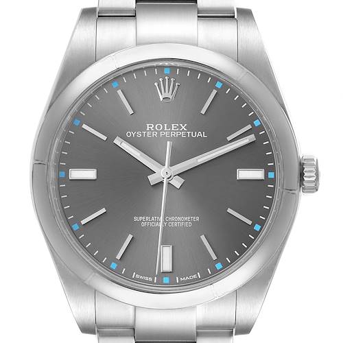 The image shows a front view of the Rolex Oyster Perpetual 114300 Men's Stainless Steel Silver Dial watch, highlighting its dial, hour markers, hands, and crown.