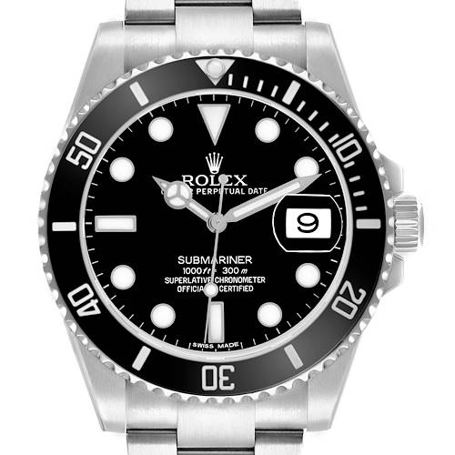 The Rolex Submariner 116610 Men's Stainless Steel Black Dial watch is shown from a front angle, highlighting the dial, bezel, and bracelet.